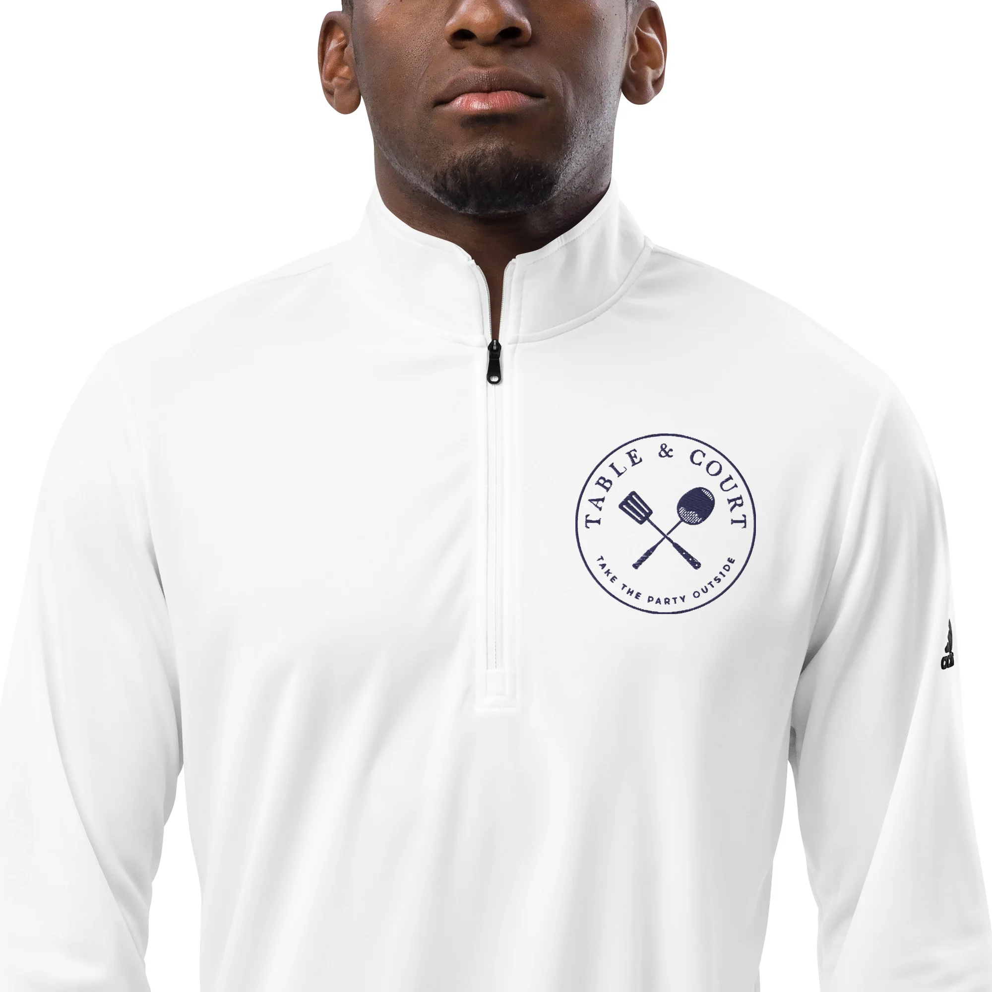 Mens Adidas Quarter Zip Pullover by Table and Court - Navy Logo - White
